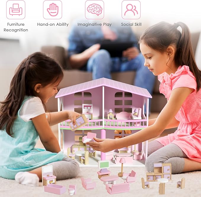 Wooden Dollhouse Furniture Set, 22 PCS Doll House Accessories Including 5 Room Kits, Little People House Furniture Toy Gift for Girls Boys Age 3+, Miniature Dollhouse Furnishing