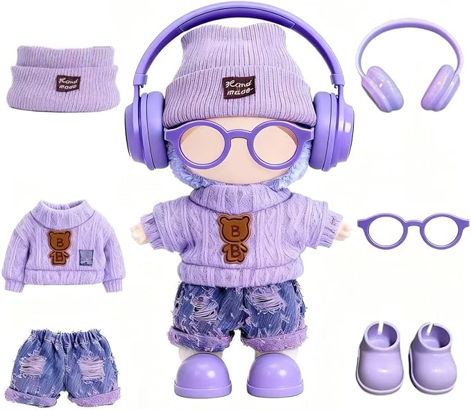 17cm Handcrafted Doll Clothes (NO Doll) – 6-Piece Set, Hat + Sweaters + Skirt + Headphones + Glasses + Shoes, Cute and Premium Dolls Outfit Accessories (Purple Sweaters Suit)