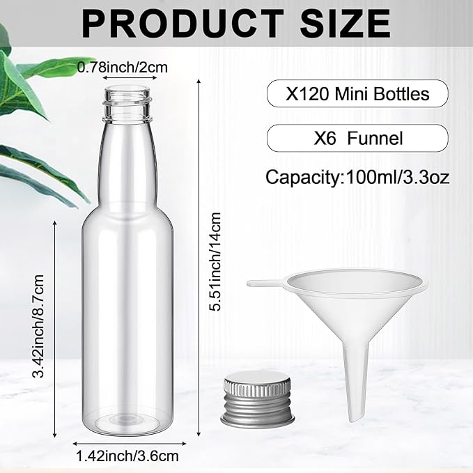 120 Pcs Mini Liquor Bottles Airtight Shot Miniature Empty Plastic Alcohol Spirit Shot Bottles with Funnels for Party Favors, Weddings(3.3 oz,Silver)