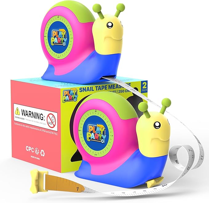 8ft Kids Tape Measure, STEM Educational Tool with Level, Protractor and Eraser, Retractable Snail Shaped Measuring Tapes, Child-Safe Stocking Stuffers Gift for Boys & Girls 3+, Double Green