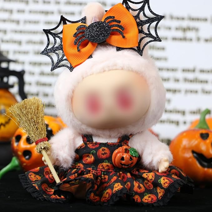 Clothes for LABUBU Doll (NO Doll), 2-Piece Pumpkin Princess Accessories for LABUBU 17cm Dolls, Premium Fashion Outfit for LABUBU Unique Dress Up - Spider Headdress + Pumpkin Dress