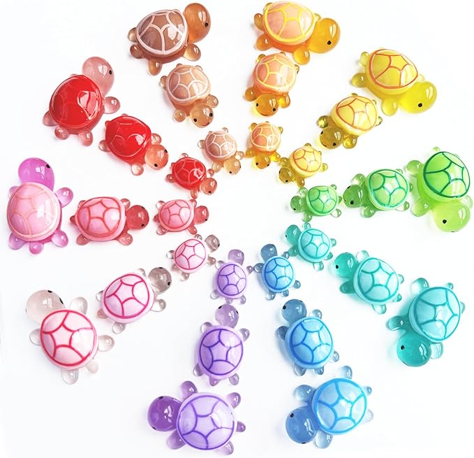 30 Pcs Mixed Mini Resin Turtles Figurines to Hide Glow in The Dark Plastic Sea Turtle Toys Bulk Tiny Ocean Animals Figures for Miniature Dollhouse Accessories Garden Decor Small Medium Large 10 Colors