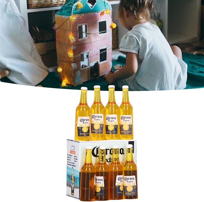 HilBeliFU 8Pcs Mini Beer Bottles, 1:12 Vivid Details Miniature Beer Bottle with Box, Beer Bottle Model, Plastic Beers Bottles Prop for Home Decoration, DIY Crafts, 1.5x0.4in