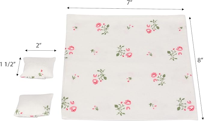 Dollhouse Bedding, 3 Piece Set with Comforter & Pillows, Blanket, Realistic Bedroom Accessories for 6 inch Dolls, 1/12 Scale, White and Colorful Flowers
