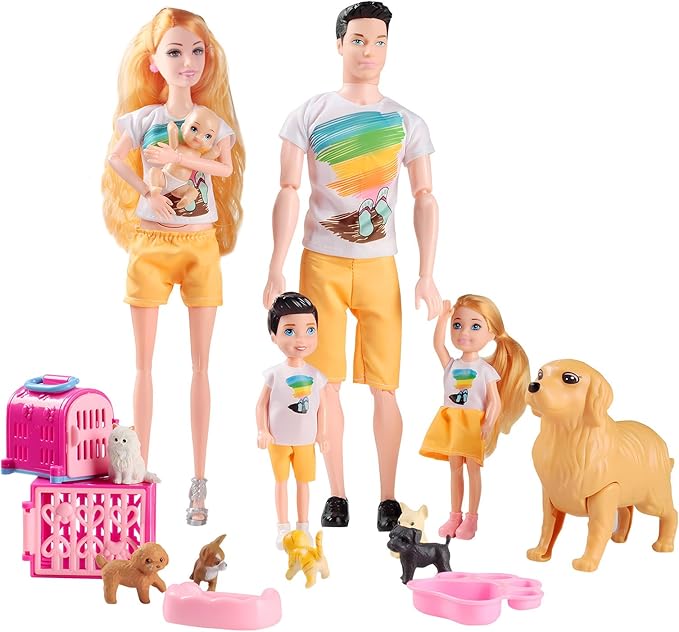 Dolls Set of 6 People with Dollhouse Pets Included Pregnant Mom Dad 3 Kids and Baby Boy in Mommy's Tummy, Doll Playsets and Accessories for 3-12 Years Old
