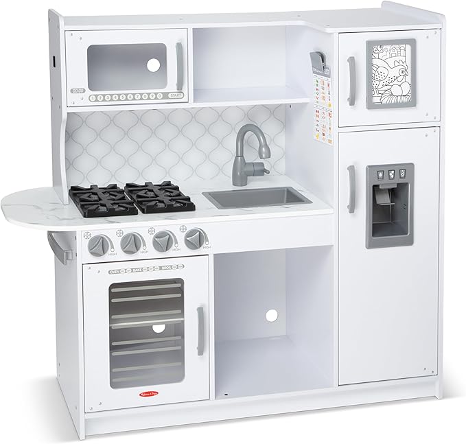 Melissa & Doug Wooden Chef's Kitchen Set for Kids with Play Kitchen Accessories & “Ice” Cube Dispenser, Preschool Learning Toys for Girls & Boys 3+, Cloud White - FSC Certified