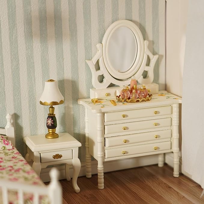 Miniature Furniture 1:12 Bedside Table Dollhouse Accessories Wooden Nightstand Vintage Living Room Bedroom Scene Bedroom Bedsides End TableHouse Model Decoration (White)