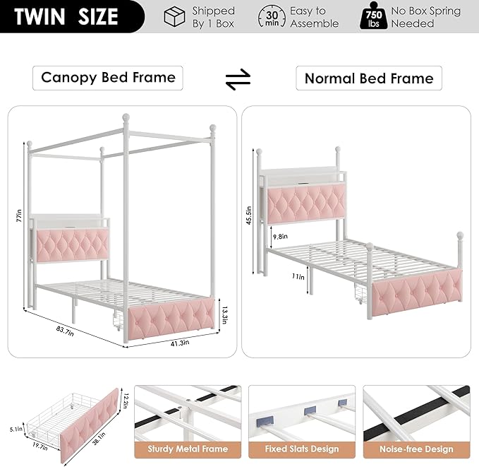 HIFIT Set of 2 Girls Twin Upholstered LED Canopy Bed Frame with Charging Station & Storage Drawer, Button Tufted Storage Headboard w/Bookshelf, Two-Use Kids Platform Bed frame w/4 Removable Post, Pink