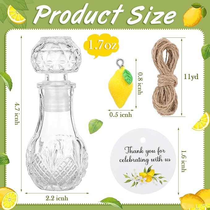 Chuangdi 16 Sets Mini Limoncello Glass Bottles Limoncello Bottles with Labels 1.7 oz Lemon Pendants Lemon Party Favors for Homemade Brewing Wedding Baby Shower Gifts(Classic)