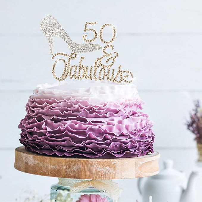 LINGTEER 50 Fabulous Silver High Heel Rhinestone Crystal Cake Topper Perfect for 50th Birthday Anniversary Party Keepsake Sparkle Decoration