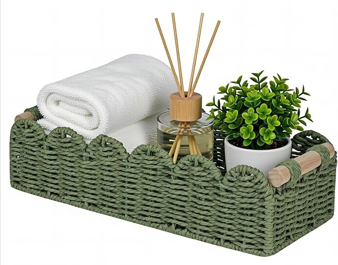 Green Paper Rope Scalloped Basket with Wooden Handles, Decorative Storage Basket for Coffee Table, Bathroom Counter, Shelves & Entryway – 14" x 6.3" x 3.9"