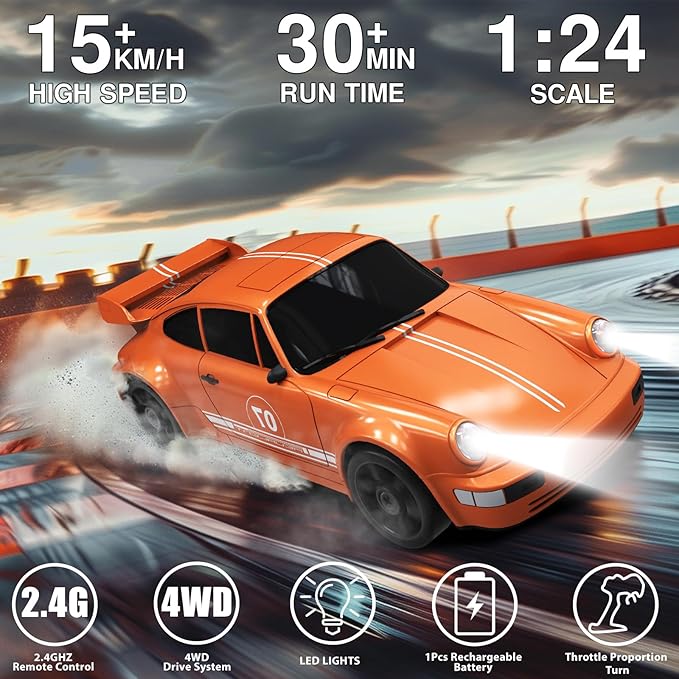RC Drift Car 1:24 Remote Control Car 4WD 15KM/H High Speed Racing Sport Car with LED Lights RC Cars Toy for Kids Boys Girls Adults Gifts Birthday Christmas Rechargeable Batteries
