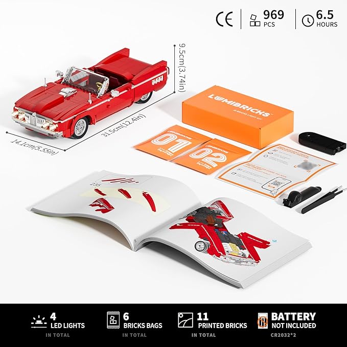 Low Rider Big Red Car Building Bricks Set - Street Fusion Vehicle Engineering Lighting Model Modular Collection Kit 969 Pcs for Adults & Teens & Car Lovers
