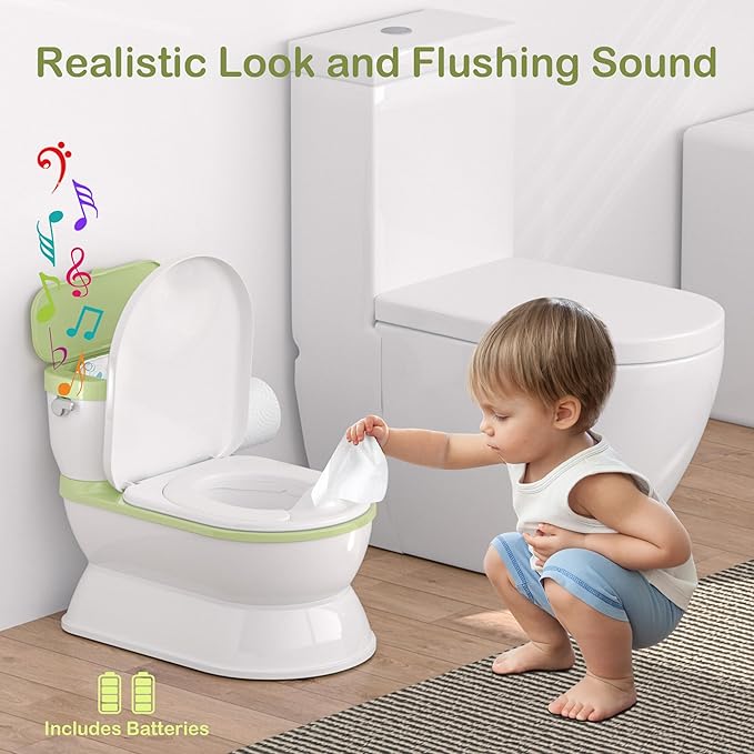 CheerTry 2-in-1 Toddler Potty Training Toilet - Larger Potty Chair & Detachable Training Seat for Boys & Girls Ages 1-3 with Flushing Sound, Wipes Storage, Toilet Paper Holder - Green