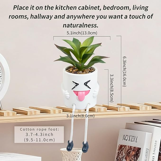LUZOGA Fake Plant Mini Potted Succulents with Hanging Leg White Cute Pot Creative Artificial Succulent Plants in Funny Pot Faux Succulents for Home Office Shelf Desk Decor and Gift Choice