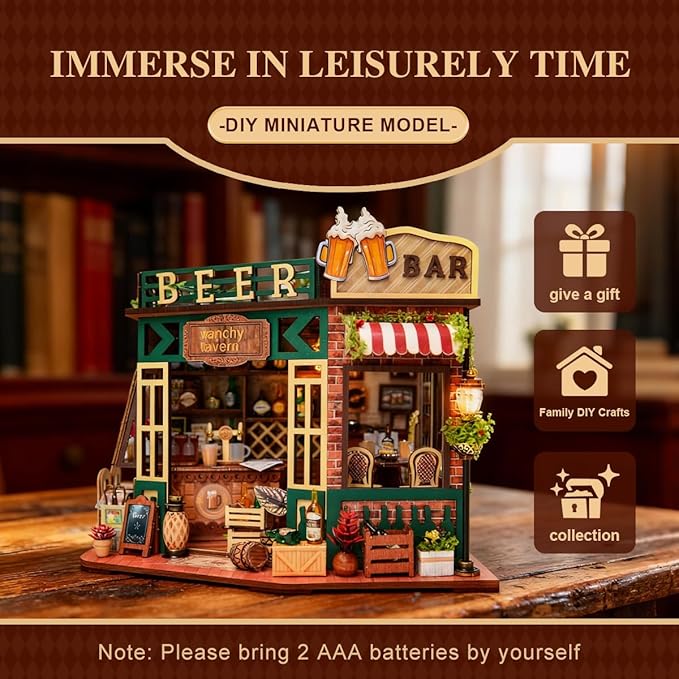 DIY Wooden Miniature House & Book Nook Kits, Bistro Modern Styles Doll House with LED Lights, Furniture, Beginner-Friendly for Adults & Teens, for Lovers, Buddies, Family & Book Lovers