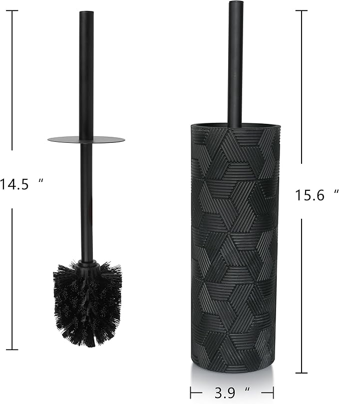 Indecor Home Matte Black Geo Design Resin Toilet Bowl Holder and Brush Set, Stylish Geometric Design with Durable Bristles, Compact and Modern