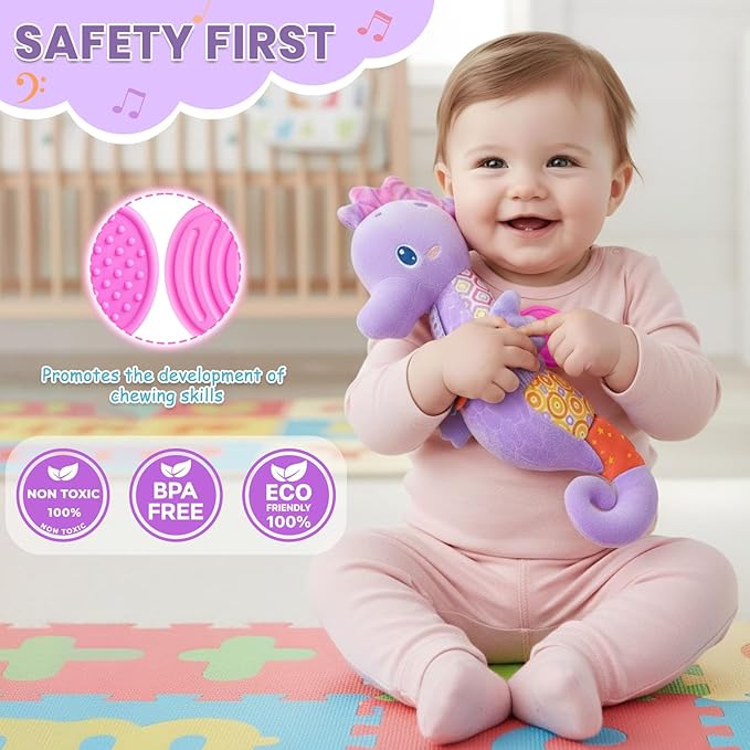 Baby Toys 0-6 Months,Infant Musical Seahorse Stuffed Animals Sensory Toys with Bright Colors,Multiple Textures,Rattles & Crinkle Sound Paper,Tummy Time Toy for Newborn Boys Girls 0-12 Months-Purple