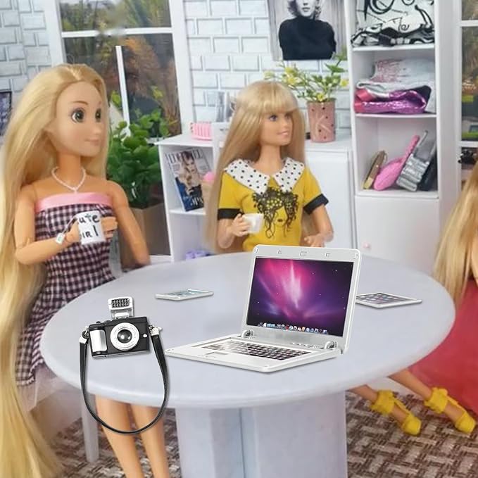 4 Pcs Miniature Laptop Computer Tablet Phone Camera Simulation Accessories Mini Laptop Computer Phone Camera Ornaments for 1/4 1/6 1/12 Scale Mini House Accessories