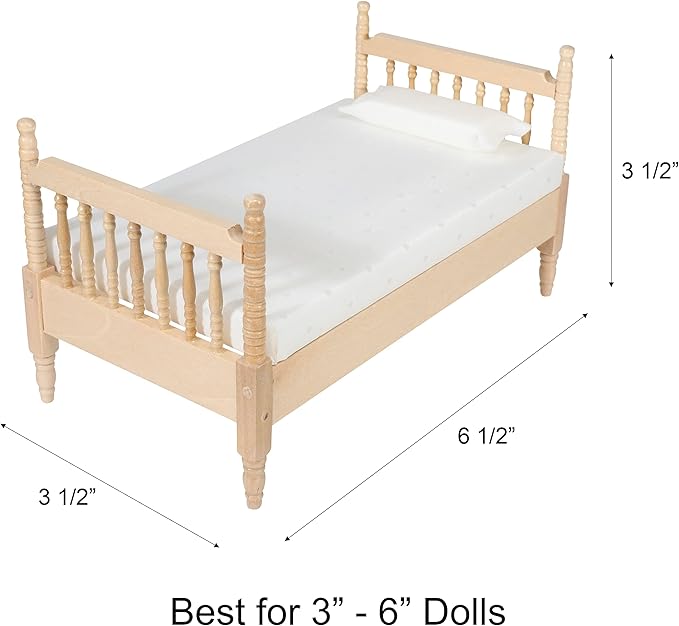 Dollhouse Furniture Small Bed Toy Set, Pillow, Realistic Bedroom Accessories for 6 inch Dolls, Wood Frame, 1/12 Scale