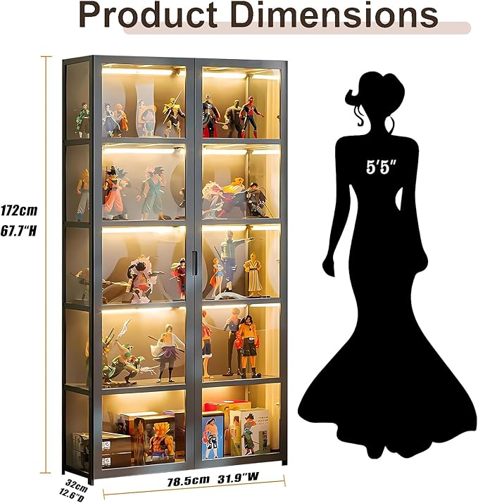 5 Tier Curio Display Cabinet with Acrylic Glass Door, Large Capacity Storage Cabinet Collectibles Toy Organizers Rack & Display Shelf, Kids Bookshelf and Bookcase for Playroom, Bedroom