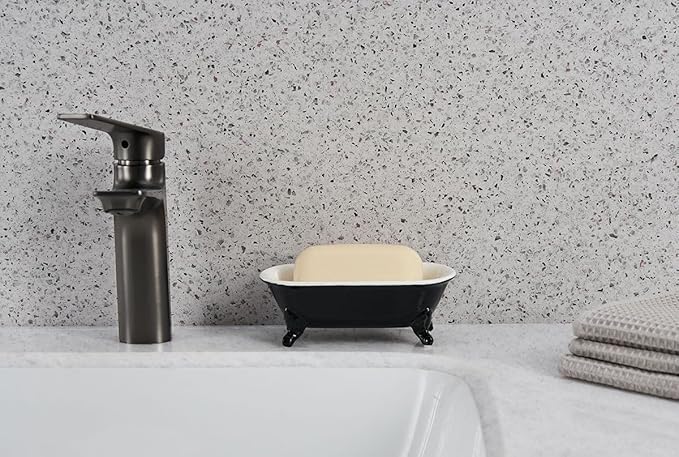NEWHENGS 6.5" Ceramic Mini Decorative Clawfoot Bathtub Bar Soap Dish, Kitchen Sponge Holder and Shower Tray for Bathroom, 1 Pack(Black)