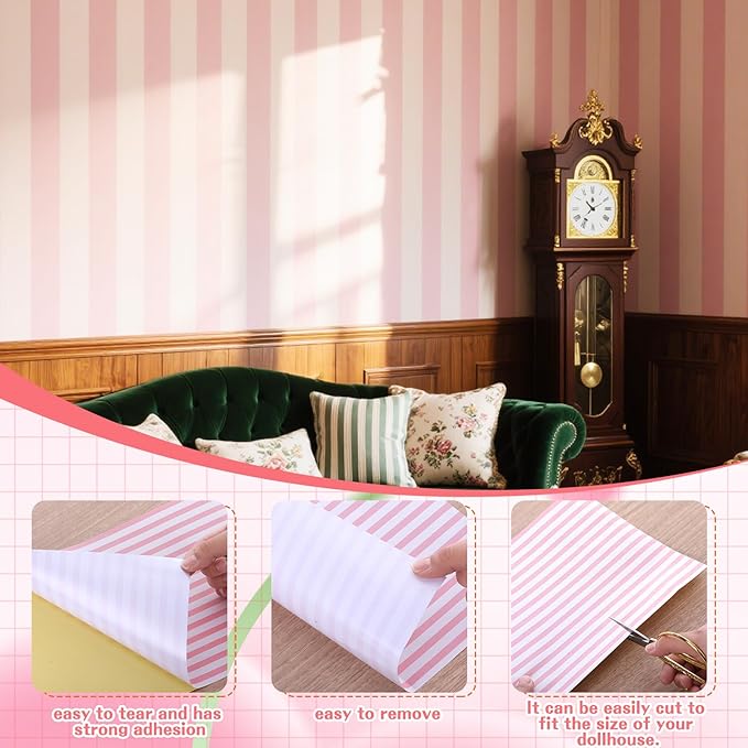 Flutesan 3 Pcs Miniature Dollhouse Wallpaper and Flooring Peel and Stick 1:12 Scale Self Adhesive Doll House Wallpaper DIY Mini Dollhouse Accessories 8.27 x 11.69 Inch(Pink Stripe)