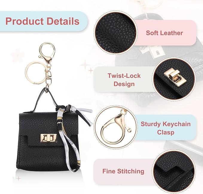 PATIKIL Mini Backpack Keychain, Cute Coin Purse Keychain PU Leather Backpack Purse Key Chain Little Earbud Bag Keychains for Women Mini Card Data Cable Organizer, Black