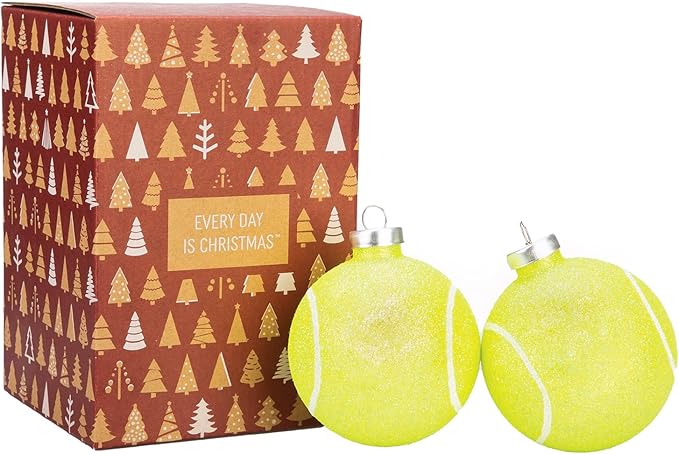 Every Day is Christmas Glass Blown Ornaments Cute Hand Made Figurines Tree Decoration, Set of 2 Tennis Ball