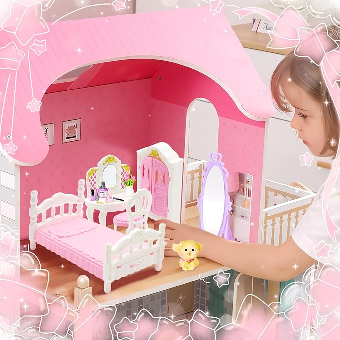 92 Pcs Miniature Furniture Set Accessories Mini Furniture Plastic Bedroom Living Room Bathroom Kitchen Kit Small Pink House for Birthday Gift