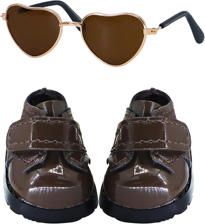 Suitable for 17cm Doll Trendy Small Leather Shoes Paired with Heart Shaped Sunglasses Cute Outfit Two-Piece Set (Brilliant Brown)