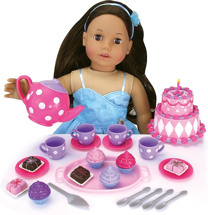Sophia's Complete Cake & Tea Party Accessories Set with Teapot, Teacups, Utensils, Pretend Dessert and Drinks for 18" Dolls, Pink/Purple
