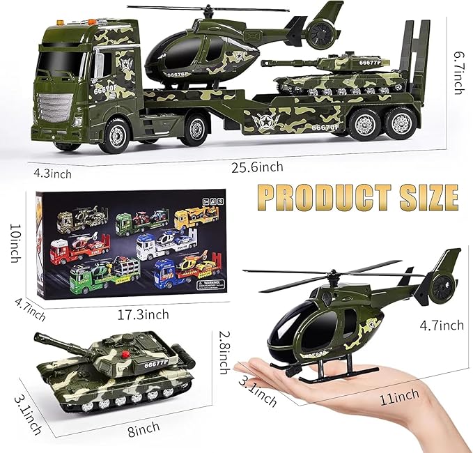 25.6" Green Military Big Truck Toys, Big Truck Toy with Tank and Helicopter,Army Toys with Sounds & Lights, Great Gift for 3+Years Old Boys and Girls