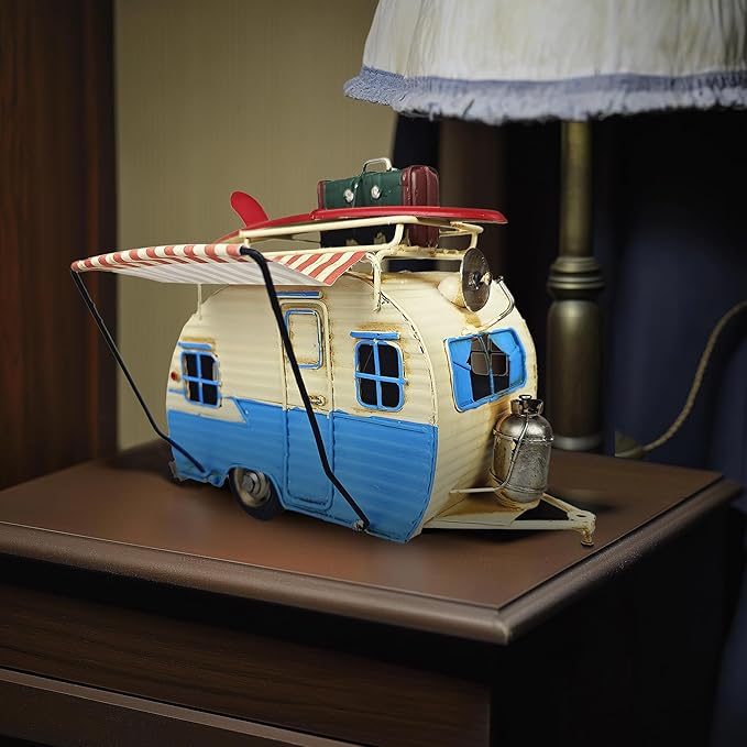 Travel Car Model Camper Van Trailer RV Motorhome Iron Vehicles Campsite Retro Industrial Steampunk Cute Diecast Decor Present Surprise for Boyfriend Caraholic Travelogue Adventurers Man
