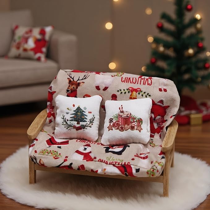 4Pcs Dollhouse Christmas Pillows, Miniature Sofa Pillow, Dollhouse Accessories, with Xmas Pattern, for Christmas Doll House Living Room Decor, 1.6x1.6 Furniture Bedroom Furniture