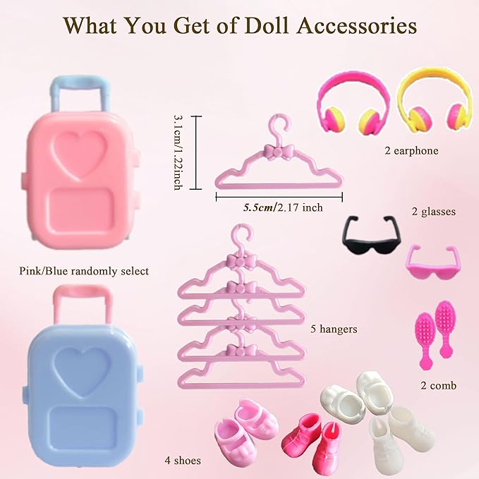 Mini 6 inch Doll Clothes and Accessories Set for Chelsea Dolls, Including 14 Fashion Doll Clothes 5 Hangers 4 Shoes 2 Glasses 2 Comb 1 Luggage 1 Earphone for 5.3 - 6 Inch Dolls(Doll not Including)