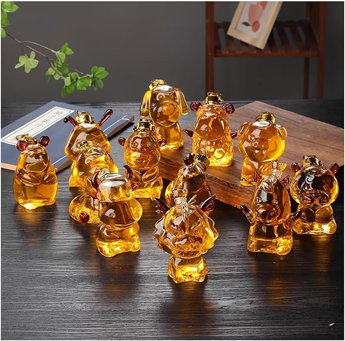 Chinese Zodiac Mini Whiskey Decanter Set of 12 with Stopper. Creative Animal Clear Glass Wine Bottle Miniature Liquor Dispenser for New Year (Size : 150ml x 12)