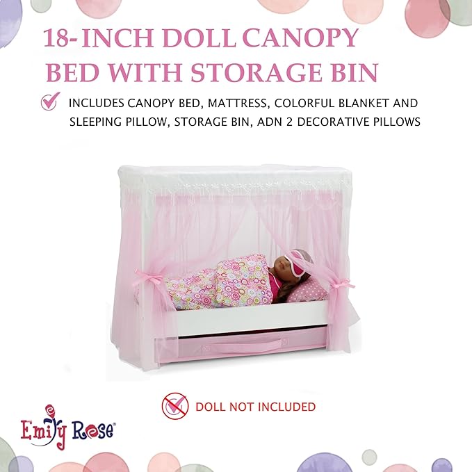 Emily Rose 18" Doll Princess Canopy Bed - White Wood with Pink Tulle Curtains, 5-PC Bedding Set & Storage Drawer - Fits American Girl Dolls - Royal Bedroom Furniture
