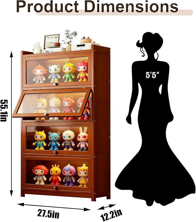 Display Cabinet with Acrylic Glass Doors, Tall Storage Cabinet with Adjustable Shelves, 4 Tier Curio Cabinet&Bookcase for Collectibles, Toys, Books, for Kids Playroom, Bedroom, Study Room