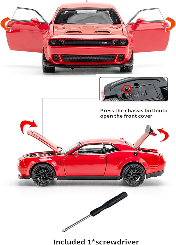 Toy Cars 1/32 Dodge Challenger Die Cast Metal Toy Cars Hellcat Toy Car with Sound and Light Pull Back Hellcat Car for 3+ Year Old Boys and Kids