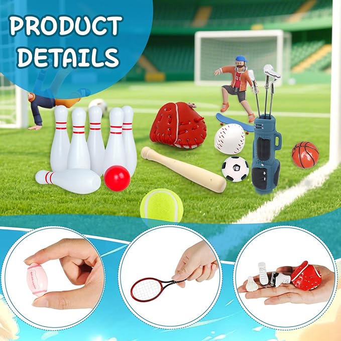 Pamonrueer 38 Pcs Miniature Sports Set Mini Golf Baseball Tennis Bowling Tiny Golf Ball Clubs Ball Bats RacketPong Table Tennis Mini House Decoration Accessories