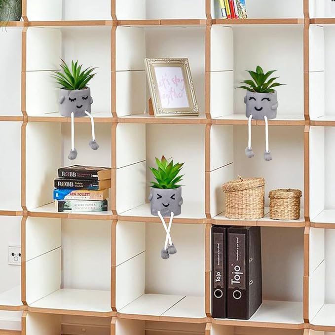 LUZOGA Creative Artificial Succulent Plants with Gray Pots Mini Potted Succulents Cute Fake Plants Succulents with Hanging Leg & Emotional Cement for Home Office Desk Decor and Gift Choice