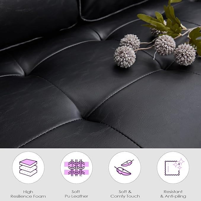 TYBOATLE 57" Faux Leather Loveseat for Living Room, Comfy Mid-Century Modern Tufted Loveseat, 2 Seater Office Small Couch for Small Space Bedroom, Black