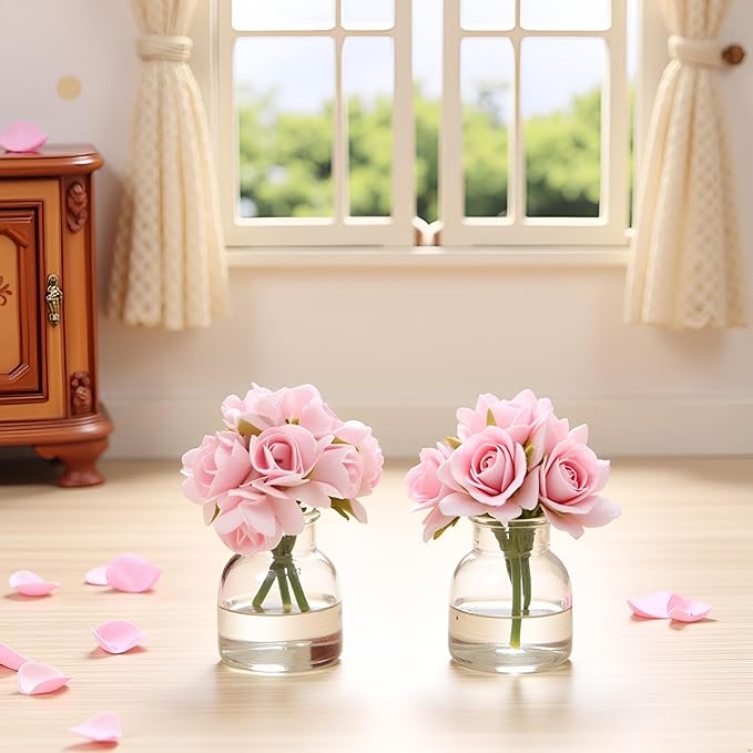 2 Pcs Dollhouse Miniature Flowers Dollhouse Mini Vase with Flower Dolls House Flower Glass Vase 1:12 Scale Dollhouse Miniature Flower in Vase, Lightweight Dollhouse Decor
