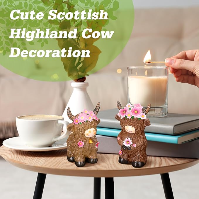 Burbell 2 Pcs Highland Cow Figurines Decor Daisy Flower Highland Cow Gnomes Resin Statue Calf Lovers Gifts for Farmhouse Home Garden Kitchen Office Tiered Tray Table Decor