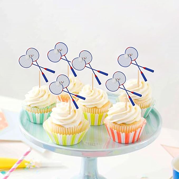 Ercadio 24 Pack Double Sided Cupcake Toppers - Sports Theme Party Cake Decorations for Badminton Birthday, Baby Shower