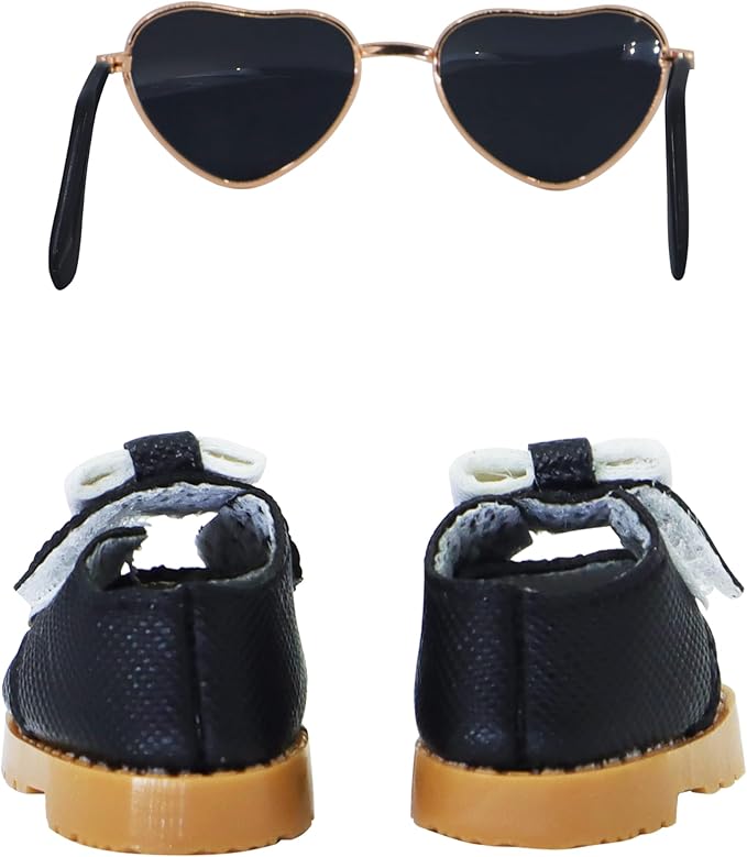 Suitable for 17cm Doll Clothing Accessories Set, Mini Fashionable Small Leather Shoes with Bow Tie and Glasses Two-Piece Set (Black2)