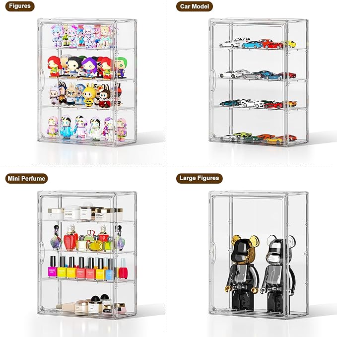 Clear 4 Tiers Acrylic Display Case for Figures Collectibles Wall Mounted Hobby Figurine Display Case with Shelves, Display Shelf Storage Box for Labubu Action Figures, Car Model, XXL, 2 Pack
