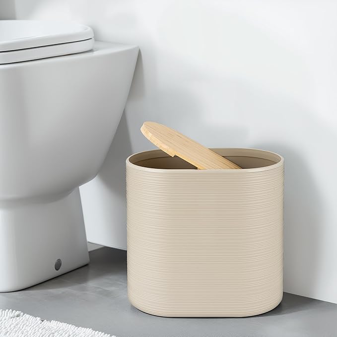 IMAVO Bathroom Accessory Set-11Pcs Beige Bathroom Accessories Set with Trash Can,Soap Dispenser,Soap Dish,Toothbrush Holder,Toothbrush Cup,Toilet Brush Holder,Qtip Holder Dispenser with Labels