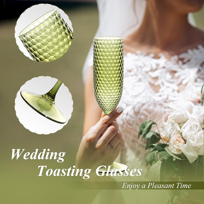 SKLENICE Plastic Champagne Flutes Champagne Glasses Unbreakable Wedding Toasting Glasses Reusable Diamond Wine Glasses Crystal Clear Party Wine Cups Vintage Drinking 5.5 OZ for Wedding (12, Green)